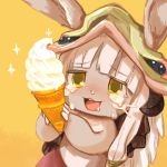  :3 animal_ears buchi0122 crying crying_with_eyes_open food furry happy_tears helmet holding holding_food ice_cream ice_cream_cone made_in_abyss nanachi_(made_in_abyss) simple_background soft_serve solo tears whiskers white_hair yellow_eyes 