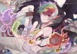  1boy animal_ears bare_shoulders blonde_hair blue_hair dragon green_hair holding looking_at_viewer multicolored_hair original paint paintbrush perspective pink_hair pointy_ears rainbow_hair red_eyes red_hair short_hair skunkyfly white_background 