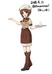  absurdres alternate_costume apron artist_name bangs belt bikkuri_donkey boots brown_apron brown_belt brown_eyes brown_footwear brown_hair brown_shirt commentary cowboy_boots cowboy_hat cup dated drinking_glass excel_(shena) eyebrows_visible_through_hair full_body gesture girls_und_panzer hat highres holding ice looking_at_viewer medium_skirt name_tag nishizumi_miho open_mouth pencil_skirt shirt short_hair short_sleeves signature simple_background skirt smile solo standing tray twitter_username waitress water white_background white_hat white_skirt 