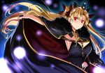  black_cape black_dress blonde_hair blurry bow breasts cape cape_lift depth_of_field dress earrings ereshkigal_(fate/grand_order) fate/grand_order fate_(series) hair_bow hair_ribbon hand_on_hip jewelry kloah large_breasts long_hair red_eyes ribbon single_sleeve skull smile tiara twintails upper_body 