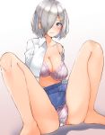  blue_eyes blue_skirt blush bra breasts cleavage collarbone gradient gradient_background hair_over_one_eye hamakaze_(kantai_collection) hechi_(hechi322) highres kantai_collection large_breasts looking_at_viewer nose_blush open_clothes open_shirt panties pleated_skirt purple_bra purple_panties short_hair silver_hair sitting skirt skirt_up solo striped striped_bra striped_panties underwear 