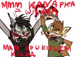  2018 angry blood blue_eyes canine claws dancing death dinner duo eating feline fur gore guts hard_vore high_five humor jackal killing lynx mammal manulfacture meat paws piercing polish_text rysia(character) scary simple_background teeth text victory vore wolf xevrrer(character) 