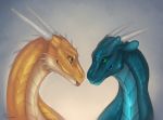  2018 belly_scales biped blep blue_scales cute digital_media_(artwork) dragon duo eye_contact feral garo_(garoshadowscale) green_eyes happy headshot_portrait horn jilocasin long_neck looking_at_partner male nude pink_tongue portrait raxrie reptile scales scalie shadow side_view simple_background smile snout spikes teal_scales tongue tongue_out western_dragon yellow_eyes yellow_scales 