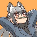  animal_ears arms_behind_head black_neckwear blue_jacket bow bowtie commentary extra_ears eyebrows_visible_through_hair fox_ears highres jacket kemono_friends long_hair necktie omnisucker orange_background orange_eyes pencil pencil_mustache silver_fox_(kemono_friends) silver_hair simple_background solo upper_body 