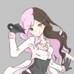  black_eyes black_gloves black_hair black_leotard closed_umbrella collarbone covered_navel eyebrows_visible_through_hair floating_hair gloves grey_background heterochromia holding holding_umbrella jewelry leotard long_hair looking_at_viewer multicolored_hair necklace neo_(rwby) pink_eyes pink_hair riruhasu_(sesu_n) rwby simple_background smile solo two-tone_hair umbrella upper_body 