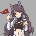 animal_ears bangs black_hair blake_belladonna blush breasts cat_ears copyright_name crop_top eyebrows_visible_through_hair flag floating_hair grey_background head_tilt holding holding_flag jacket long_hair looking_at_viewer midriff navel open_clothes open_jacket riruhasu_(sesu_n) rwby simple_background small_breasts smile solo stomach upper_body very_long_hair white_jacket yellow_eyes 