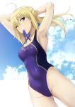  ahoge akita_hika armpits arms_behind_head arms_up artoria_pendragon_(all) bad_id bad_twitter_id bangs bare_shoulders blonde_hair blue_ribbon blue_sky blue_swimsuit breasts closed_mouth collarbone commentary_request covered_navel day fate/stay_night fate_(series) green_eyes hair_between_eyes hips long_hair mouth_hold one-piece_swimsuit outdoors ribbon saber sky small_breasts solo swimsuit thighs tying_hair 