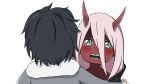  1girl black_cloak black_hair blush cloak coat commentary_request couple crying crying_with_eyes_open darling_in_the_franxx fur_trim green_eyes grey_coat hetero highres hiro_(darling_in_the_franxx) hood hooded_cloak horns hug long_hair looking_at_viewer oni_horns open_mouth parka pink_hair red_horns red_pupils red_sclera red_skin sharp_teeth signature spoilers tears teeth winter_clothes winter_coat xiaoying_yuan younger zero_two_(darling_in_the_franxx) 