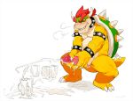  3_toes 4_fingers anthro bebebebebe bowser claws cum cum_drip cum_in_a_cup cum_on_ground cum_on_hand cumshot dripping ejaculation erection koopa male mario_bros masturbation muscular muscular_male nintendo orgasm penile_masturbation penis scalie sharp_teeth simple_background smile solo teeth toe_claws toes video_games white_background 