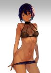  absurdres blue_hair breasts brown_eyes commentary_request cowboy_shot dark_skin highres konbu_wakame looking_at_viewer mole mole_under_eye navel open_mouth original panties panty_pull pulled_by_self short_hair simple_background solo underwear 