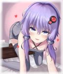  :d absurdres all_fours bangs bare_shoulders bed_sheet blue_eyes blush collarbone commentary_request dress eyebrows_visible_through_hair grey_dress grey_legwear hair_between_eyes hair_ornament halterneck heart highres looking_at_viewer low_twintails medium_hair open_mouth paingumi purple_hair shadow short_dress smile solo sweat teeth thighhighs tissue tissue_box twintails vocaloid voiceroid yuzuki_yukari 