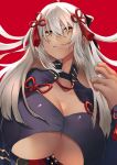  ahoge bow breasts cleavage cleavage_cutout collarbone commentary_request dark_skin fate/grand_order fate_(series) from_below fujitsubo_(hujitubo0731) hair_between_eyes hair_bow hair_ornament hands_up high_collar highres huge_breasts long_hair looking_at_viewer okita_souji_(alter)_(fate) okita_souji_(fate)_(all) smirk solo tassel tied_hair underboob white_hair yellow_eyes 