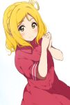  bad_id bad_pixiv_id bangs birthday blonde_hair braid collared_dress crown_braid dress hair_rings hands_together happy_birthday icehotmilktea looking_at_viewer love_live! love_live!_sunshine!! medium_hair ohara_mari red_dress short_sleeves simple_background smile solo white_background yellow_eyes 