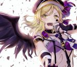  :d armlet black_choker black_gloves black_nails blonde_hair bra choker confetti demon_wings elbow_gloves facial_mark fingerless_gloves gloves hat hat_feather hat_ribbon highres holding holding_microphone love_live! love_live!_sunshine!! medium_hair mia_(fai1510) microphone microphone_stand nail_polish necktie ohara_mari open_mouth outstretched_arm peaked_cap purple_bra purple_ribbon ribbon see-through smile solo star striped striped_gloves underwear upper_body upper_teeth v-shaped_eyebrows wings yellow_eyes 