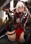  ass black_legwear blush breasts brown_eyes cleavage dark_skin fate/grand_order fate_(series) grey_hair highres holding holding_sword holding_weapon katana large_breasts long_hair okita_souji_(alter)_(fate) okita_souji_(fate)_(all) one_eye_closed sheath sitting solo spread_legs sweatdrop sword thighhighs unsheathing vane very_long_hair wavy_mouth weapon 