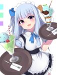  :d apron bangs blue_hair blue_neckwear blue_ribbon bow bowtie breasts cherry cup dress drink drinking_glass drinking_straw eyebrows_visible_through_hair food frilled_apron frilled_dress frills fruit hair_ribbon highres holding ice_cream kotonoha_aoi light_blue_hair long_hair looking_at_viewer maid_apron maid_headdress medium_breasts napkin one_side_up open_mouth paingumi pink_eyes ribbon saucer short_sleeves smile solo spoon voiceroid white_apron white_background 