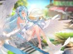  artist_request bare_shoulders barefoot bird blue_hair blurry blurry_background bridal_gauntlets character_request closed_eyes day dove dress full_body gloves hair_ornament hearts_recollection highres long_hair official_art outdoors solo stairs white_dress white_gloves white_wings wings x_hair_ornament 