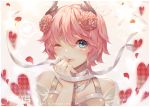  bangs bare_shoulders blue_eyes breasts cleavage finger_to_mouth flower hair_flower hair_ornament heart horns looking_at_viewer one_eye_closed original pink_hair portrait ribbon short_hair skunkyfly smile upper_body 