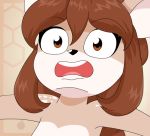  abstract_background alfa995 anthro braided_hair brown_eyes brown_fur brown_hair cervine doe_(alfa995) female fur hair long_hair mammal nude open_mouth reaction_image solo 