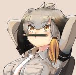  bird_wings blonde_hair bodystocking breast_pocket collared_shirt eyebrows_visible_through_hair grey_hair hair_tie head_wings highres kemono_friends multicolored_hair necktie omnisucker pencil pencil_mustache pocket shirt shoebill_(kemono_friends) short_hair short_sleeves solo upper_body wings 