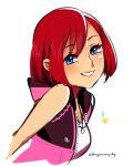  blue_eyes bob_cut commentary cropped_torso d-ryuu dress english_commentary grin jewelry kairi_(kingdom_hearts) kingdom_hearts kingdom_hearts_iii looking_at_viewer necklace red_hair short_hair simple_background sketch sleeveless sleeveless_dress smile twitter_username white_background 