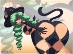  1girl ass ass_grab breasts come_hither deep_skin drill_hair elbow_gloves fiore_brunelli from_behind gloves green_hair hanging_breasts hat huge_ass large_breasts layerth leaning leaning_forward long_hair looking_at_viewer open_mouth revealing_clothes shiny shiny_hair shiny_skin sideboob skin_tight smile solo star_ocean star_ocean_integrity_and_faithlessness tail witch_hat 
