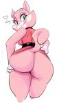 &lt;3 2018 anthro belt big_butt bottomless breasts butt cat clothed clothing dbaru dress eyelashes feline female hand_on_butt looking_at_viewer mammal raised_clothing raised_dress rear_view shima_luan simple_background smile solo standing super_planet_dolan white_background 