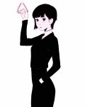  arm_up black_dress black_eyes black_hair choker dress hand_in_pocket highres holding ilya_kuvshinov looking_at_viewer original profile short_hair solo standing white_background 