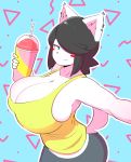  anthro beverage big_breasts black_hair blue_eyes blush breasts canine cleavage clothed clothing cup dog ear_piercing female hair hair_over_eye holding_object huge_breasts maggie_applebee mammal pants piercing shirt short_hair side_boob slurpee smile solo straw tank_top theycallhimcake 