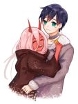  1girl black_cloak black_hair blush cloak closed_eyes coat commentary_request couple darling_in_the_franxx eyebrows_visible_through_hair fur_trim green_eyes grey_coat hetero hiro_(darling_in_the_franxx) hood hooded_cloak horns long_hair looking_at_another oni_horns parka pink_hair red_horns red_skin spoilers victor118 winter_clothes winter_coat younger zero_two_(darling_in_the_franxx) 