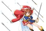  aijou_karen arrow boots brown_eyes brown_hair commentary crown dodging epaulettes eyebrows_visible_through_hair fur_trim holding holding_sword holding_weapon jacket_on_shoulders long_sleeves lourie mini_crown motion_blur pleated_skirt possibility_of_puberty_(sword) rain_of_arrows shoujo_kageki_revue_starlight skirt solo sparkle sword twitter_sparkles two_side_up waist_cape weapon 