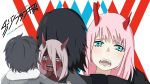  1girl asymmetrical_horns bangs black_bodysuit black_cloak black_hair blush bodysuit cloak coat commentary_request couple crying crying_with_eyes_open darling_in_the_franxx dual_persona fangs fur_trim green_eyes grey_coat hetero highres hiro_(darling_in_the_franxx) hood hooded_cloak horns hug long_hair looking_at_viewer oni_horns parka pilot_suit pink_hair red_horns red_pupils red_sclera red_skin signature spoilers tears winter_clothes winter_coat xiaoying_yuan younger zero_two_(darling_in_the_franxx) 