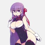  bb_(fate)_(all) bb_(fate/extra_ccc) breasts chan_co china_dress chinese_clothes cleavage cleavage_cutout commentary_request dress fate/extra fate/extra_ccc fate/grand_order fate_(series) large_breasts long_hair looking_at_viewer microdress pelvic_curtain purple_eyes purple_hair red_ribbon ribbon side_slit smile solo very_long_hair 