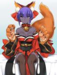  absurdres alternate_costume animal_ear_fluff animal_ears bare_shoulders bell bell_collar blue_background bow breasts collar cosplay dark_skin detached_sleeves fake_animal_ears fake_tail fate/grand_order fate/prototype fate/prototype:_fragments_of_blue_and_silver fate_(series) fox_ears fox_tail gloves hair_bow hairband hassan_of_serenity_(fate) highres japanese_clothes jingle_bell kimono looking_at_viewer medium_breasts obi ouhina paw_gloves paws purple_eyes purple_hair red_bow red_kimono sash short_hair short_kimono sitting solo tail tamamo_(fate)_(all) tamamo_cat_(fate) tamamo_cat_(fate)_(cosplay) thighhighs wide_sleeves 