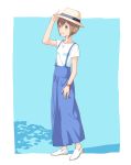  blue_background bracelet brown_hair casual commentary freckles hakka0320 hat high-waist_pants jewelry necklace pants shirt short_hair short_sleeves smile sun_hat suspenders tanaka_mako watashi_ga_motenai_no_wa_dou_kangaetemo_omaera_ga_warui! white_shirt 