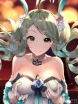  antenna_hair bad_id bad_twitter_id bangs bare_shoulders breasts cleavage collarbone commentary_request de_la_fille detached_collar dress drill_hair elbow_gloves gem gloves granblue_fantasy green_eyes green_hair guri1105 hair_ornament hands_on_own_breasts highres jewelry large_breasts long_hair looking_at_viewer self_fondle smile solo strapless strapless_dress swept_bangs tied_hair twin_drills twintails twitter_username upper_body watermark white_dress white_gloves 