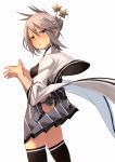  ass black_legwear blush fu-ta green_eyes grey_hair hair_ornament highres looking_at_viewer looking_back oshiro_project oshiro_project_re panties short_hair side-tie_panties solo star star_hair_ornament tanba_kameyama_(oshiro_project) thighhighs underwear white_background 