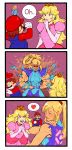  2girls 3koma biceps big_nose bisexual_(female) blonde_hair bodysuit breasts brown_hair comic commentary dress exploding_clothes flexing hat heart highres lachrymosley mario mario_(series) metroid multiple_girls muscle muscular_female netorare open_mouth overalls pink_dress ponytail pose princess_peach samus_aran smile speech_bubble spoken_heart super_mario_bros. super_smash_bros. super_smash_bros._ultimate tearing_up torn_clothes torn_sleeves trembling veins yuri zero_suit 