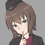  bangs black_hat black_jacket brown_eyes brown_hair eyebrows_visible_through_hair girls_und_panzer grey_background hair_between_eyes hat index_finger_raised jacket kuromorimine_military_uniform looking_at_viewer military_hat mini_hat nishizumi_maho parted_lips portrait riruhasu_(sesu_n) short_hair simple_background sketch smile solo uniform 