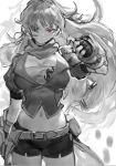  belt blazer breasts buckle cleavage commentary_request fingerless_gloves gloves greyscale hair_over_eyes hair_over_one_eye hand_up highres izumi_sai jacket large_breasts long_hair looking_at_viewer midriff monochrome navel puffy_short_sleeves puffy_sleeves red_eyes rwby scarf short_shorts short_sleeves shorts sketch spot_color thighs vambraces waist_cape wavy_hair yang_xiao_long 