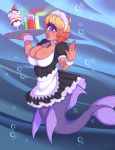  1_eye 2018 absurd_res beverage breasts bubble cleavage clothed clothing cyclops digital_media_(artwork) eyelashes female hair hi_res holding_object looking_at_viewer maid_uniform marine merfolk milkshake multicolored_hair open_mouth pointy_ears purple_eyes short_hair solo souladdicted two_tone_hair underwater uniform viviana_(souladdicted) water 