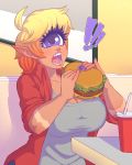 ! 1_eye 2018 absurd_res breasts burger cleavage clothed clothing colored_nails cyclops digital_media_(artwork) eyelashes female food hair hi_res holding_food holding_object humanoid looking_at_viewer multicolored_hair not_furry open_mouth pointy_ears purple_eyes short_hair solo souladdicted two_tone_hair viviana_(souladdicted) 
