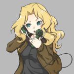  :d black_shirt blonde_hair breasts brown_jacket eyebrows_visible_through_hair floating_hair girls_und_panzer green_eyes grey_background holding jacket kay_(girls_und_panzer) long_hair medium_breasts open_clothes open_jacket open_mouth riruhasu_(sesu_n) saunders_military_uniform shirt simple_background sketch smile solo upper_body 