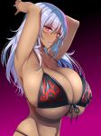  alternate_eye_color alternate_hair_color alternate_skin_color arms_up atago_(kantai_collection) bangs bare_arms bare_shoulders bikini bikini_top black_bikini breasts cleavage closed_mouth collarbone dark_skin eyebrows_visible_through_hair from_side front-tie_bikini front-tie_top ganguro gradient gradient_background hair_between_eyes highres huge_breasts kantai_collection kloah lavender_hair long_hair looking_at_viewer navel pink_eyes sideboob smile solo stomach swimsuit tongue tongue_out underboob upper_body 