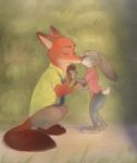  anthro big_ears bubble-hoops canine clothed clothing crouching detailed_background disney duo eyes_closed female fox fully_clothed green_background judy_hopps kissing lagomorph male mammal nick_wilde outside rabbit simple_background standing zootopia 