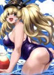 ass ball bandages bare_shoulders beachball blonde_hair blush breasts granblue_fantasy grey_eyes hat hat_feather highres large_breasts leaning_forward long_hair looking_at_viewer maou_(maoudaisukiya) monica_weisswind one-piece_swimsuit open_mouth school_swimsuit smile solo swimsuit thighs 