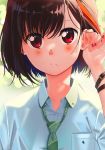  bang_dream! bangs black_hair blurry bokeh bracelet breast_pocket collared_shirt commentary_request depth_of_field green_neckwear hair_tucking highres jewelry light_frown looking_at_viewer mitake_ran multicolored_hair nail_polish necktie pocket poligon_(046) polo_shirt red_eyes red_hair red_nails shirt short_hair short_sleeves solo streaked_hair striped striped_neckwear upper_body white_shirt 