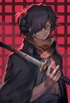  black_hair blood bloody_weapon commentary_request facial_hair fate/grand_order fate_(series) grin hair_over_one_eye highres japanese_clothes katana kimono lack okada_izou_(fate) orange_eyes ponytail scarf smile solo stubble sword weapon 
