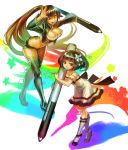  age_difference black_hair breasts brown_eyes brown_hair gradient_hair green_hair holding_stylus long_hair medium_breasts multicolored_hair multiple_girls one_eye_closed original ponytail red_hair short_hair simple_background smile snail8 star stylus white_background 