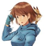  :d blue_gloves blue_hoodie breasts brown_hair commentary_request creature eyebrows_visible_through_hair gloves hand_up hood hoodie kaze_no_tani_no_nausicaa large_breasts looking_at_viewer nausicaa on_shoulder open_mouth short_hair simple_background smile solo teto upper_body wa_(genryusui) white_background 